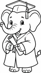 Fototapeta premium Cute Baby Elephant Cartoon Wearing Graduation Cap and Gown Holding Diploma Scroll, Black and White Outline Illustration