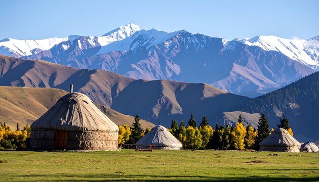 Yurts in mountains, autumn scenery