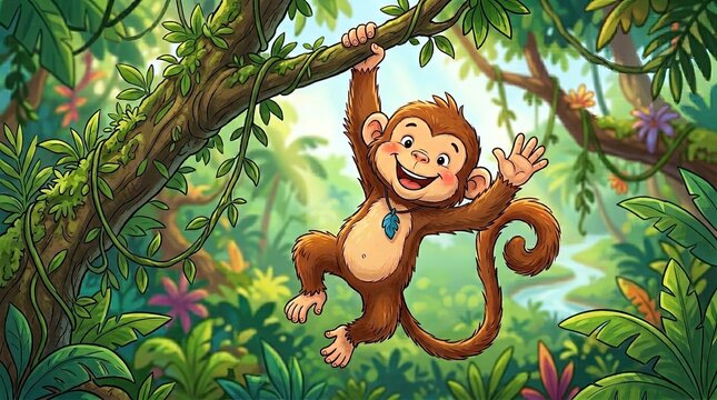 Cute cheerful cartoon monkey swinging from a tree branch in a vibrant green tropical jungle forest illustration