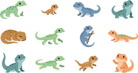 Naklejka premium Set of cute lizard characters in flat vector style, collection of colorful bearded dragons for kids education