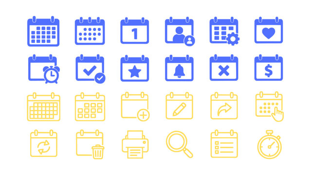 Editable EPS icons featuring calendars, reminders, notes, printer, search, and office management tools.