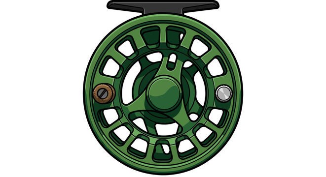 Green vector fly fishing reel cartoon illustration