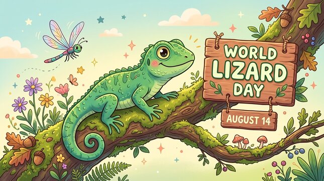 Cute green lizard on a tree branch for world lizard day