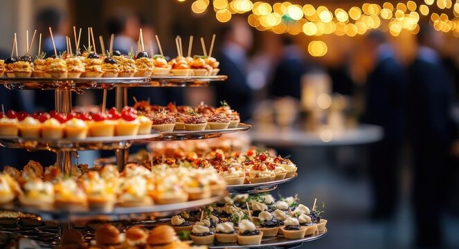 Elegant multi-tiered serving stand filled with assorted bite-sized appetizers and canap&eacute;s at a festive cocktail reception with warm bokeh lights