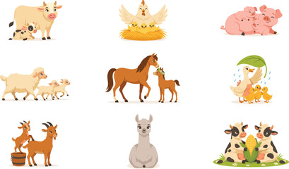 Cute Farm Animals and Mother Baby Families Vector Icon Set Featuring Cow Horse Sheep Goats Pigs and Chickens for Kids Educational Graphic Designs © Rownok