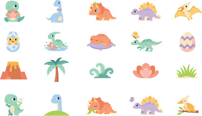 Cute Prehistoric Dinosaur Vector Icon Set Featuring Kawaii Triceratops Stegosaurus Brachiosaurus Pterodactyl Eggs and Volcano for Kids Birthday Greeting Card Graphic Designs © Rownok
