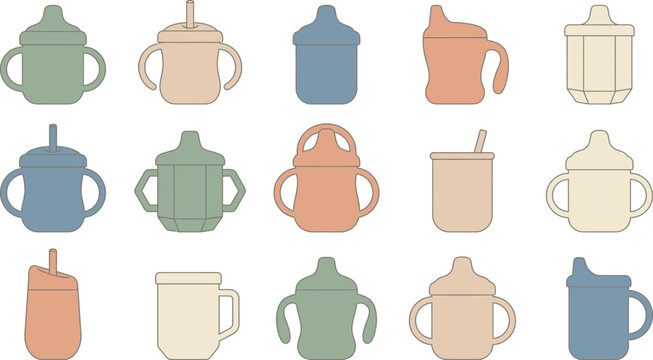 Set of fifteen baby sippy cups and training bottles in simple Scandinavian style for infant feeding products