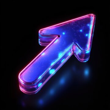 glowing translucent neon arrow pointing up-right with blue inner glow and pink edges, sparkling particles and glossy futuristic look conveying energetic optimistic forward motion