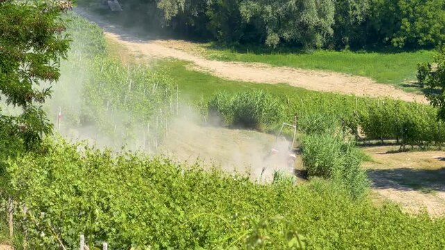 Agricultural Tractor Spraying Pesticide on Italian Vineyard Rows