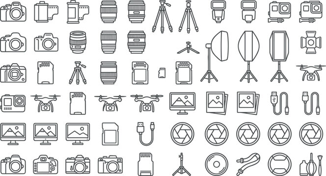 Mega photo equipment vector icons collection with memory cards action cameras drone and aperture symbols