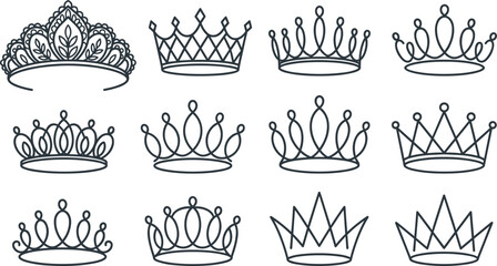 Minimalist princess tiaras and royal crowns vector illustrations collection isolated on white background design © Afroja