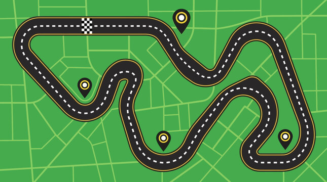 Flat vector race track map with pins and finish line on green grid background
