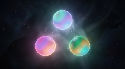 Fototapeta premium Three glowing orbs connected by light, digital art, abstract, cosmic energy
