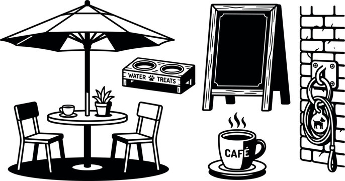 Dog Friendly Outdoor Cafe Elements Set with Patio Umbrella Bistro Table Chairs Chalkboard Menu Sign Water Treats Station and Leash Wall Anchor