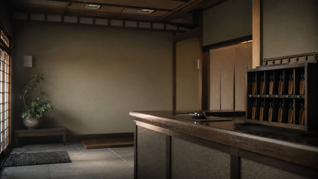An empty traditional japanese inn reception desk with a small bell and wooden key rack - ryokan succession and hospitality heritage concept banner with copy space