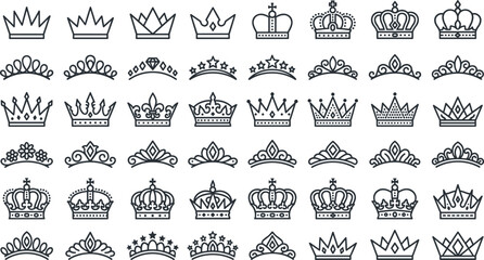 Royal crowns and tiaras vector illustrations collection with line art monarchy regalia isolated on white © Afroja