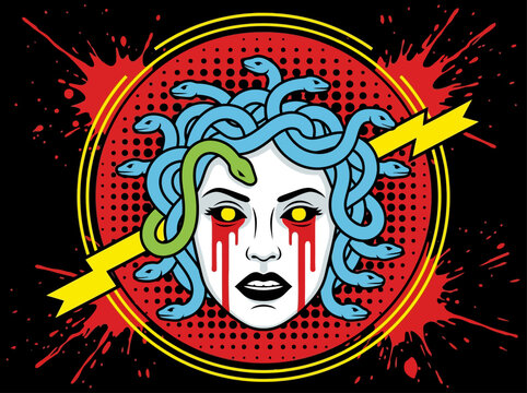Medusa Gorgon Pop Art Illustration with Snake Hair and Bloody Tears