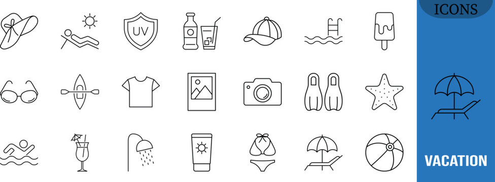 Summer vacation beach outline icons. sunglasses icon set, beachball icon set, swimsuit icon set