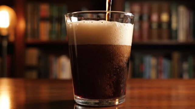 Dark beverage pouring into a glass, creating foamy head, library background