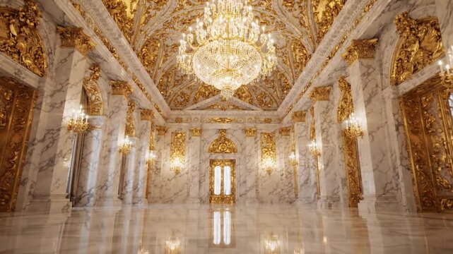 Luxurious Gold and Marble Palace Hall with Chandelier