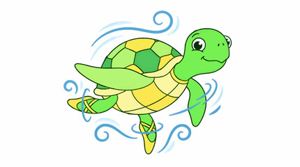 Adorable Cartoon Sea Turtle Wearing Ballet Slippers and Dancing in Water Swirls, Flat Vector Illustration with Bright Green and Yellow Colors, Whimsical Marine Life Character © titin