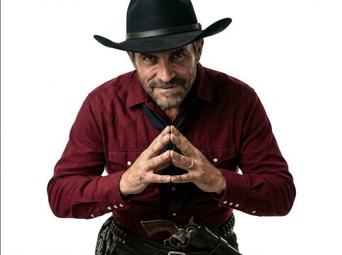 Smiling man in cowboy hat and red shirt making hand gesture with revolver belt