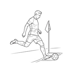 Soccer player kicking ball from corner flag, hand drawn line art vector, football athlete taking a corner kick, minimalist sports illustration © Graphics