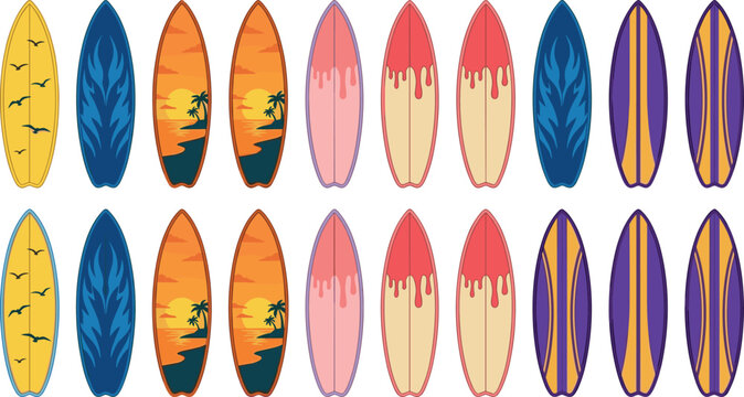 Surfboard icon set with sunset beach palms birds flames paint dripping and tribal pattern designs