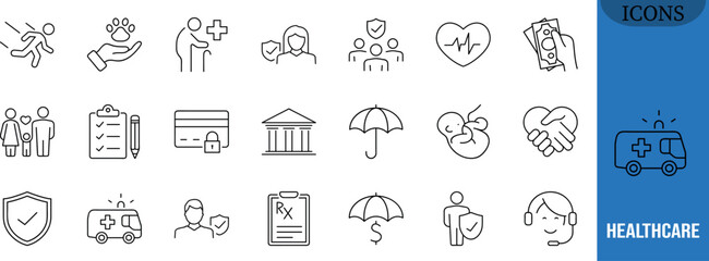 Healthcare and insurance vector icons. shield icon set, heartbeat icon set, ambulance icon set © Rohan