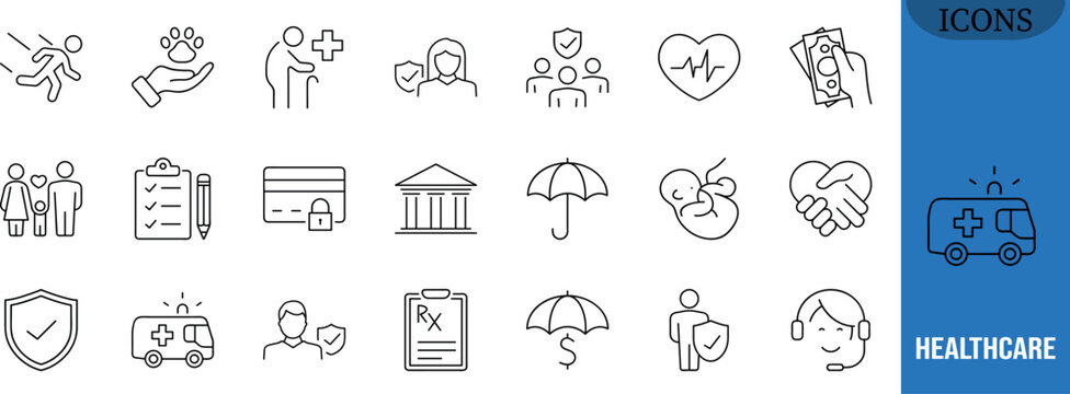 Healthcare and insurance vector icons. shield icon set, heartbeat icon set, ambulance icon set