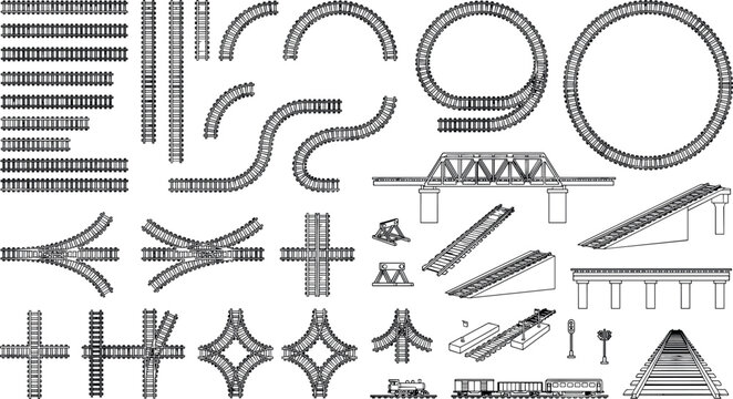 Train tracks vector illustrations collection with railway junctions loops bridge segments and locomotive train