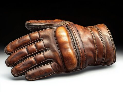 worn brown leather glove with padded knuckles and visible stitching resting on a gradient studio background, evoking craftsmanship and nostalgia