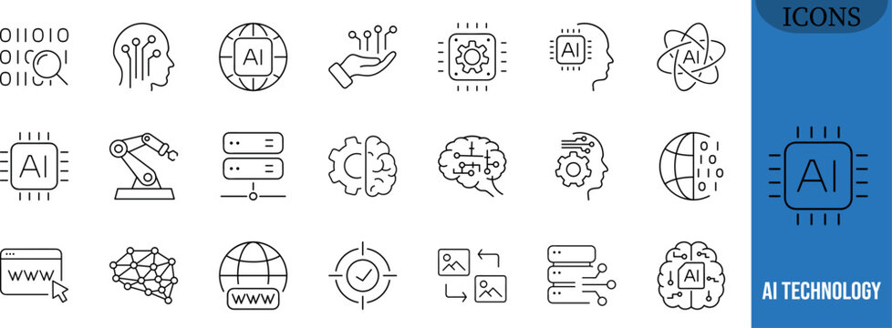 Artificial intelligence technology icons. brain icon set, chip icon set, robot icon set