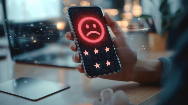 Hand holding a smartphone showing a glowing red sad face above a five-star rating on a blurred office desk with laptop, conveying user dissatisfaction and frustration