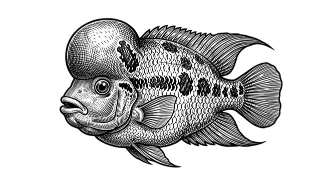 Detailed flowerhorn cichlid sketch with large nuchal hump.