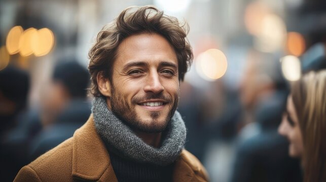 Person with tousled hair and face obscured, wearing a tan coat and chunky gray scarf in a busy blurred city street at dusk, contemplative mood