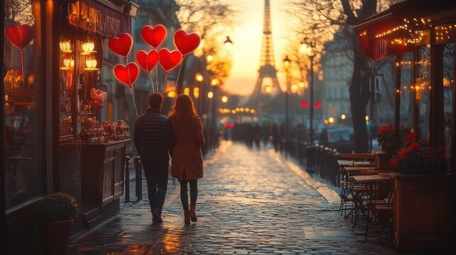 romantic couple walking hand in hand down a cobblestone street toward an illuminated tower at sunset with red heart balloons, warm caf&eacute; lights and cozy evening atmosphere