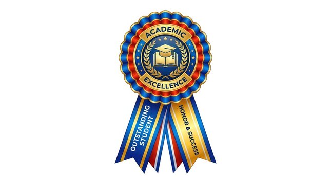 Decorative honor and success award badge featuring ribbons and graduation hat book motif.