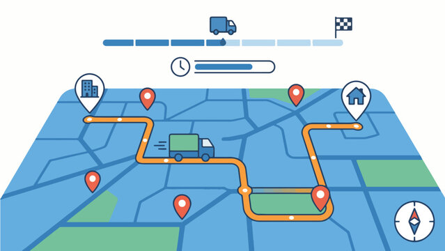 Online delivery truck tracking progress on city map GPS navigation concept