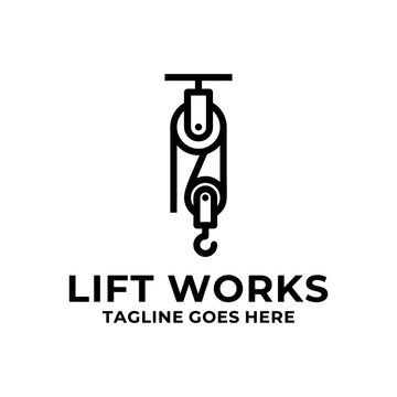 Industrial pulley and hook logo for mechanics.