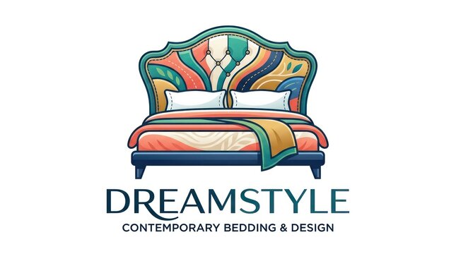 Dreamstyle luxury bed logo with ornate headboard and colorful patterned bedding furniture.