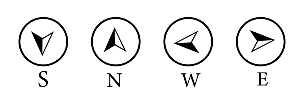 Compass icon set. Contains north, south, east, and west. Navigation and direction symbols. Outline illustration pack.