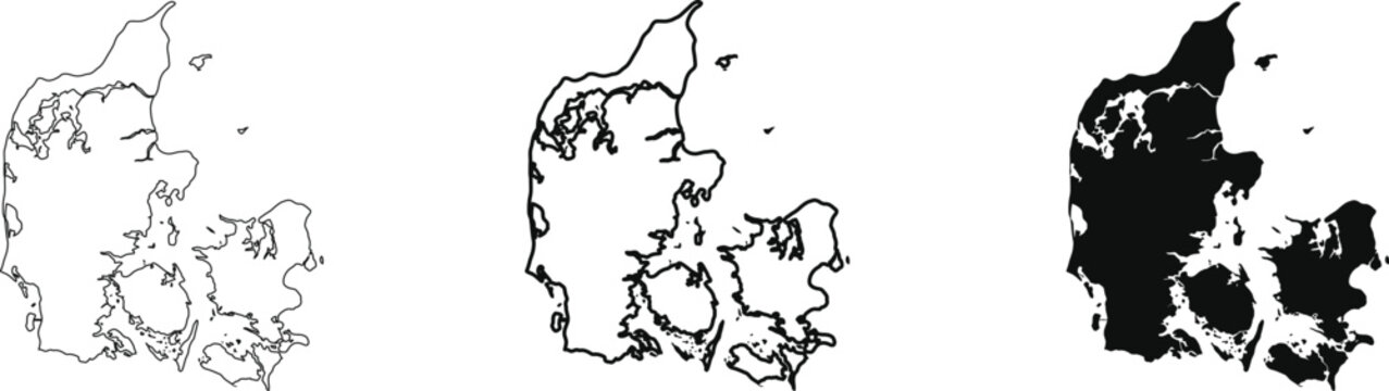 Denmark Map with Administrative Regions, Border Outline, and Black Silhouette SVG Vector