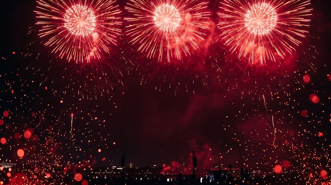 A vibrant triple red firework explosion lighting up the night sky above a dark city horizon. A spectacular, festive display ideal for celebrations, holidays, and special events.