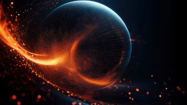 Glowing particle sphere with fiery orange ribbon sweeping across a dark futuristic background, dynamic energy motion and glowing embers, intense and energetic mood