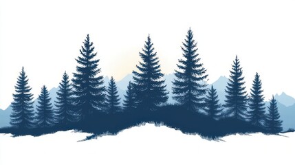 Obraz premium tranquil blue silhouette of pine forest on snowy ridge with layered mountains and soft rising sun