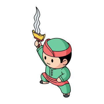 Cute cartoon illustration of a young male Pencak Silat martial artist holding a traditional wavy dagger or keris