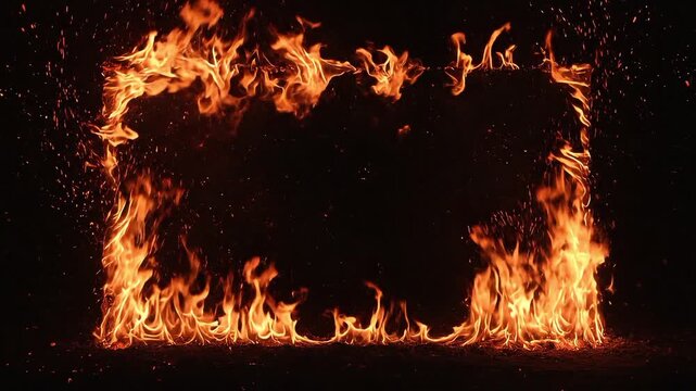 Burning rectangular frame of fire on dark background border flames black hot heat