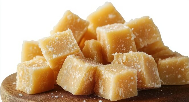 pile of brown fudge cubes with sugar crystals on a wooden board against a white background, tempting and indulgent