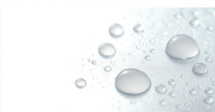 macro close-up of clear water droplets on a smooth white surface conveying freshness and calm